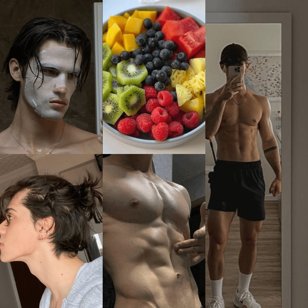 Collage showing various men, one with a cleanser on his face, one showing his jawline and hair in a side profile, on showing his chest and abs, and one showing his physique from head to toe and an additional image of a bowl colorful fruits.